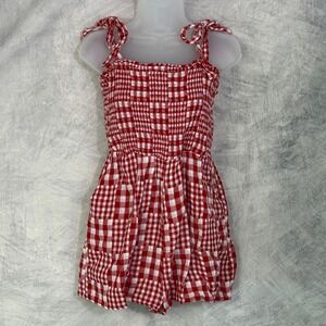 Old Navy Red White Gingham Smocked Romper Tie Sz L retro picnic Cottagecore